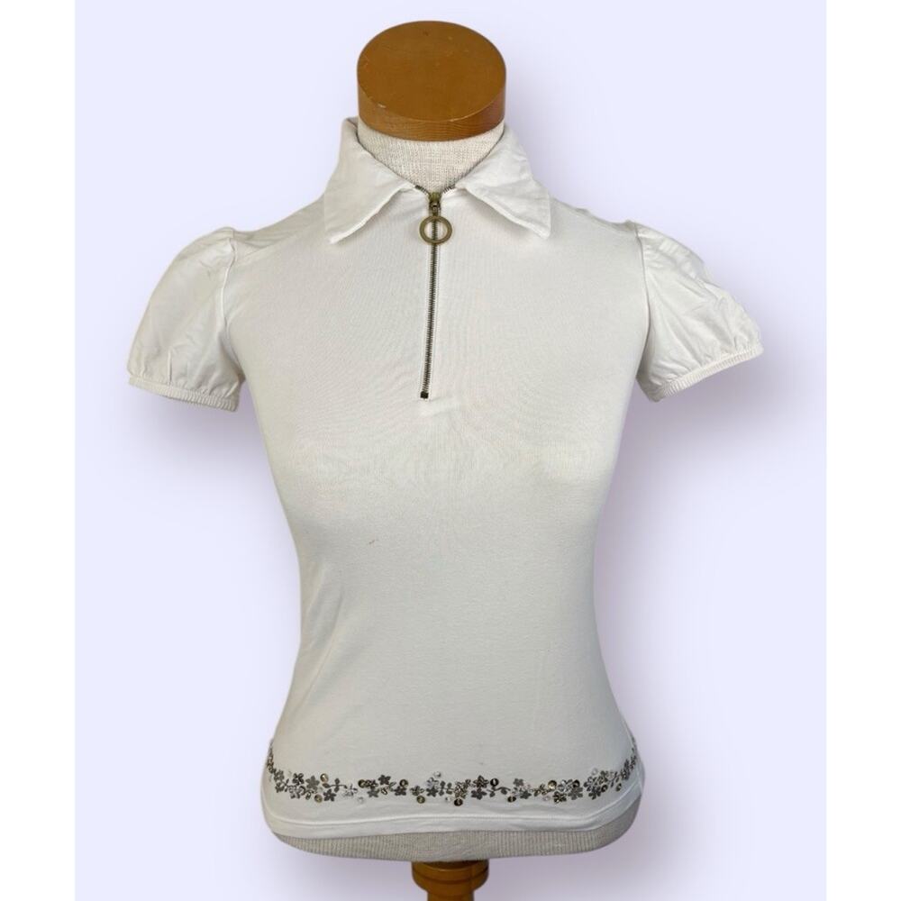 Versus Versace Short Sleeve Shirt Quarter Zip Polo White Embellished Small RARE